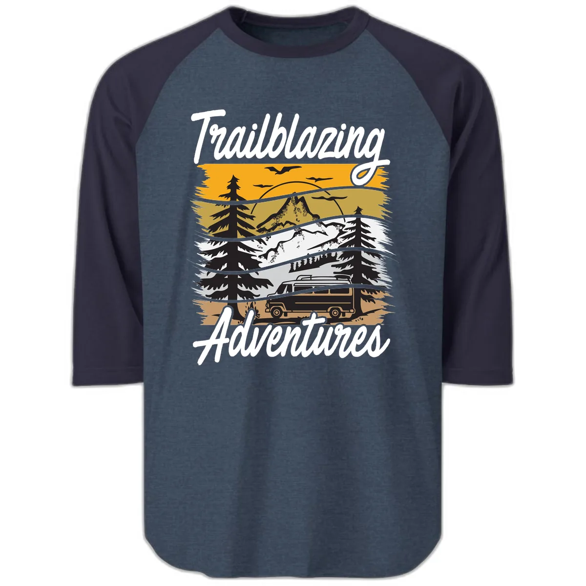 Trailblazing Adventures Mountain Landscape Raglan 3/4 in Heather Denim Navy