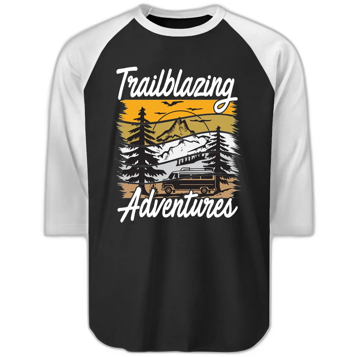 Trailblazing Adventures Mountain Landscape Raglan 3/4 in Black White
