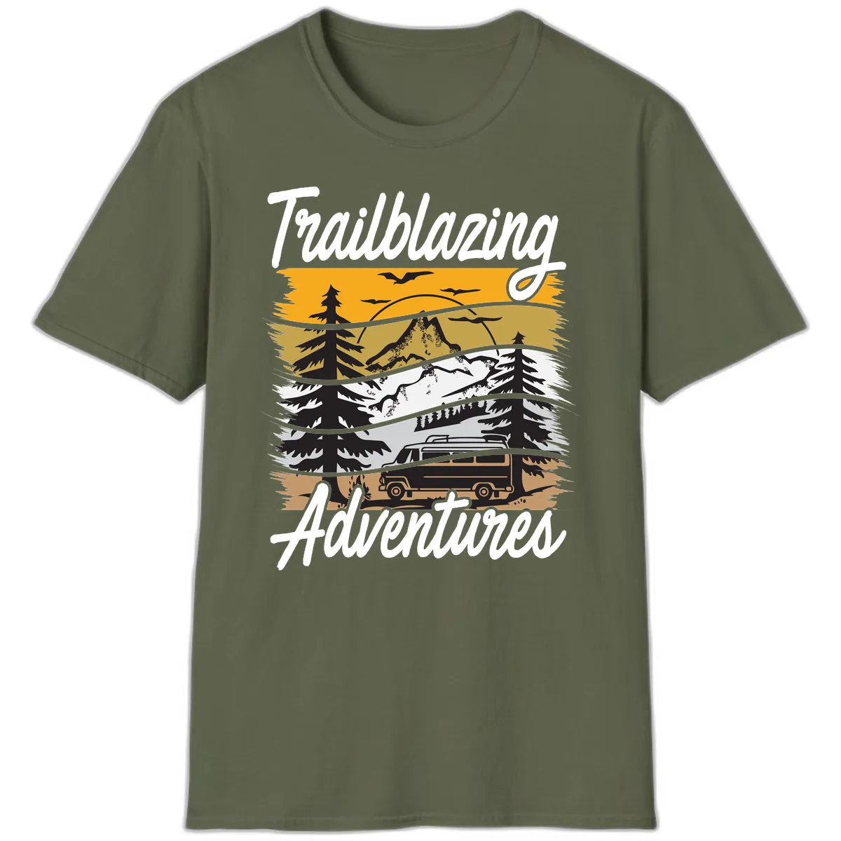 Trailblazing Adventures Mountain Landscape T-Shirt in Military Green