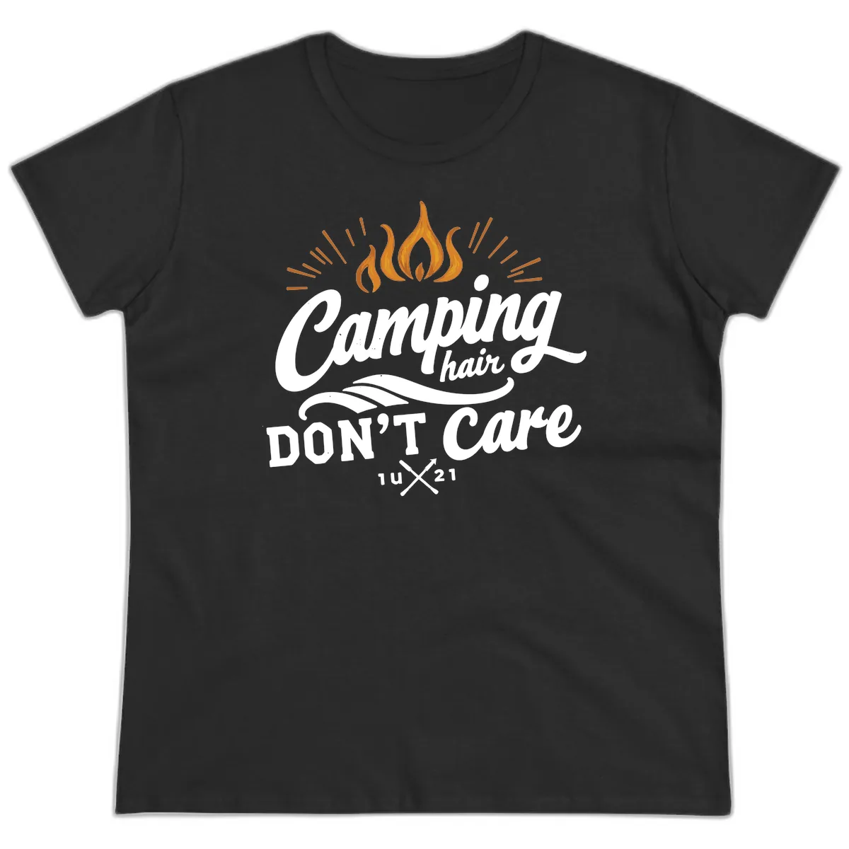 Camping Hair Don't Care Ladies Tee in Black