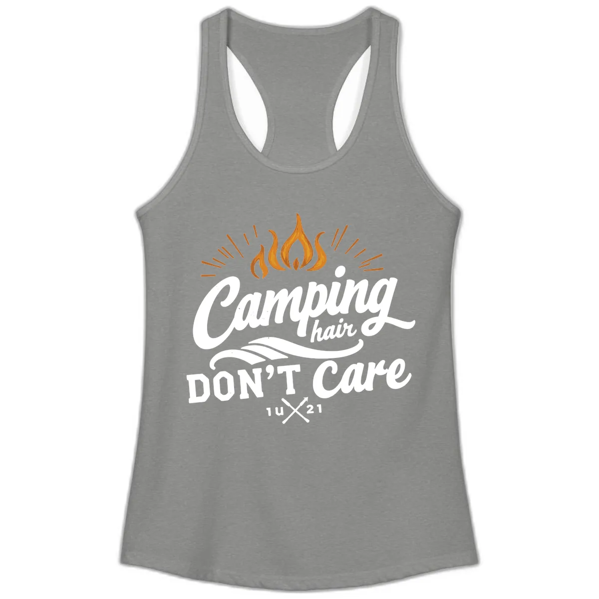 Camping Hair Don't Care Ladies Tank in Heather Grey