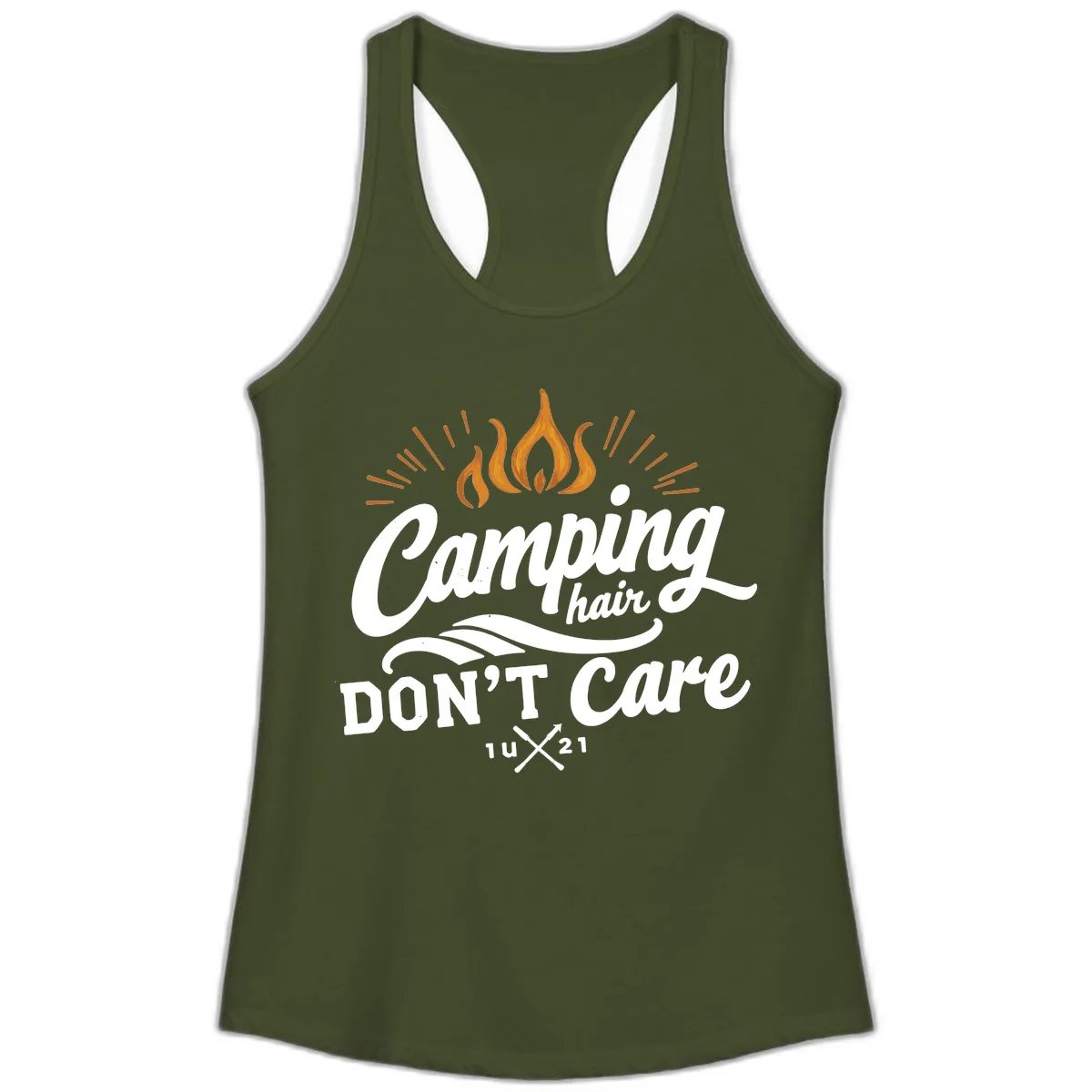Camping Hair Don't Care Ladies Tank in Solid Military Green
