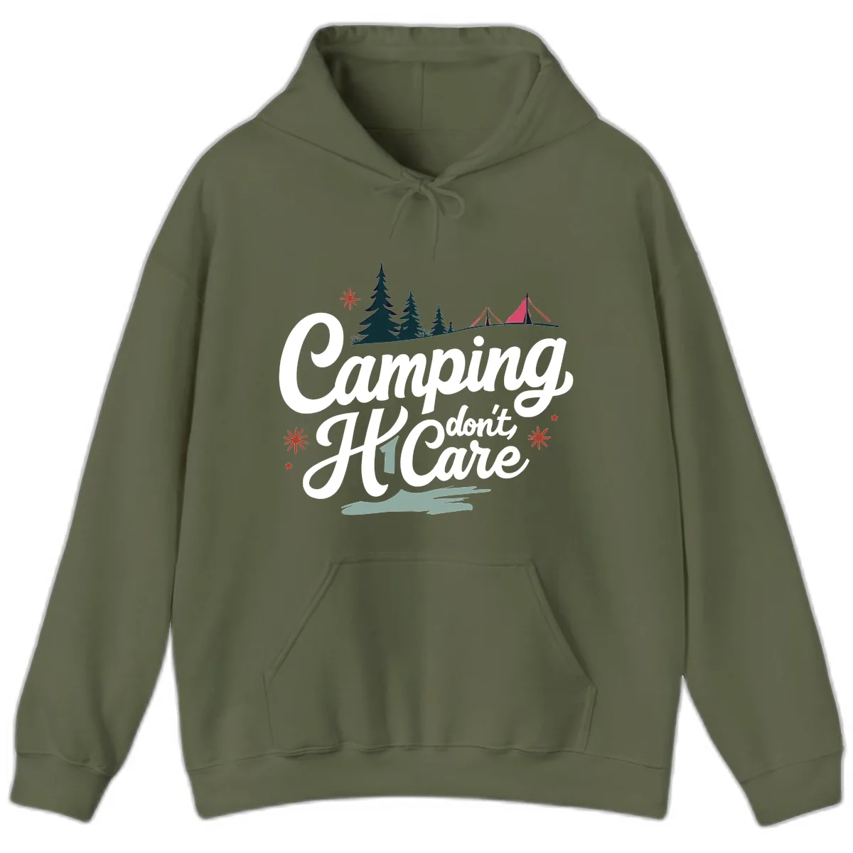 Camping I Don't Care Hoodie in Military Green