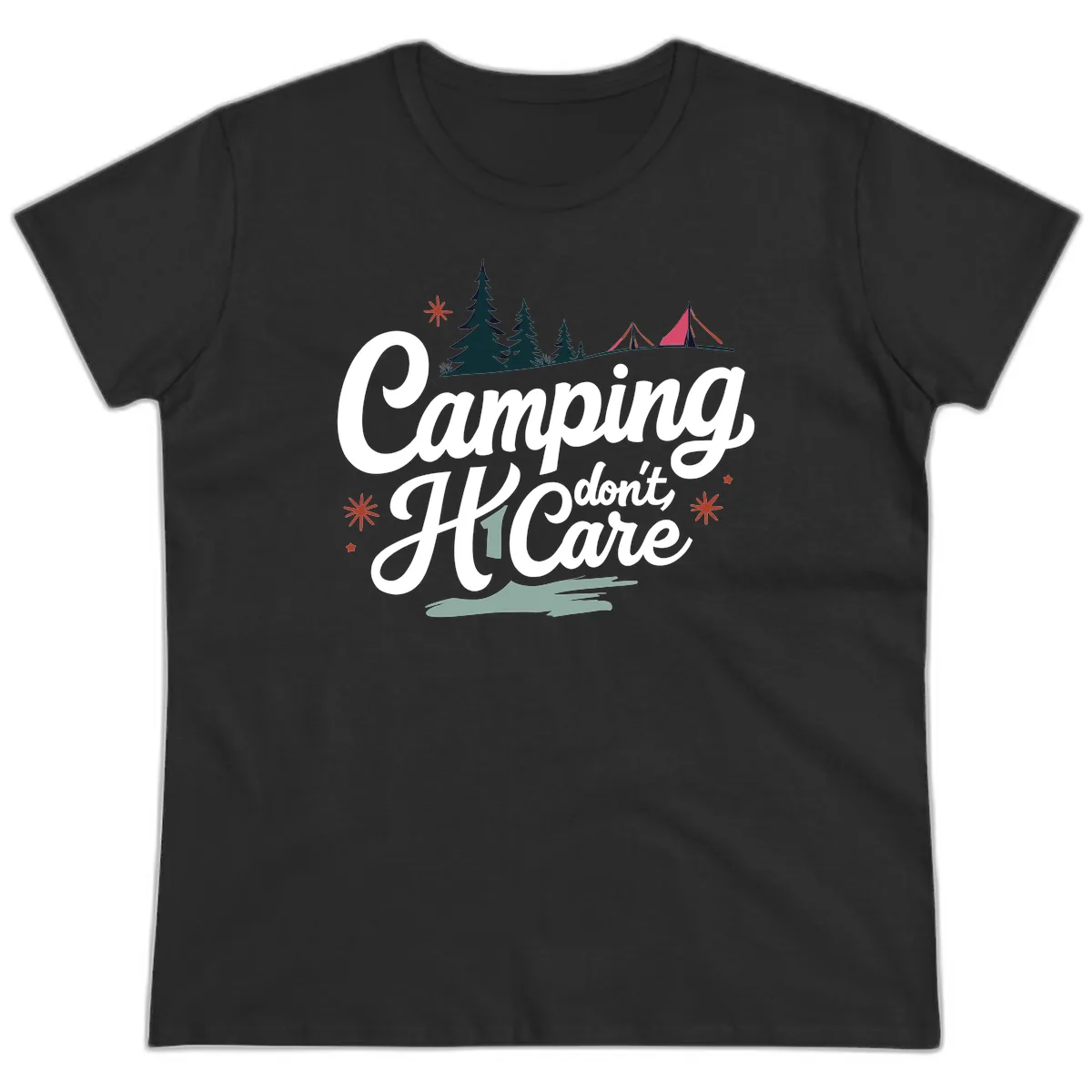 Camping I Don't Care Ladies Tee in Black