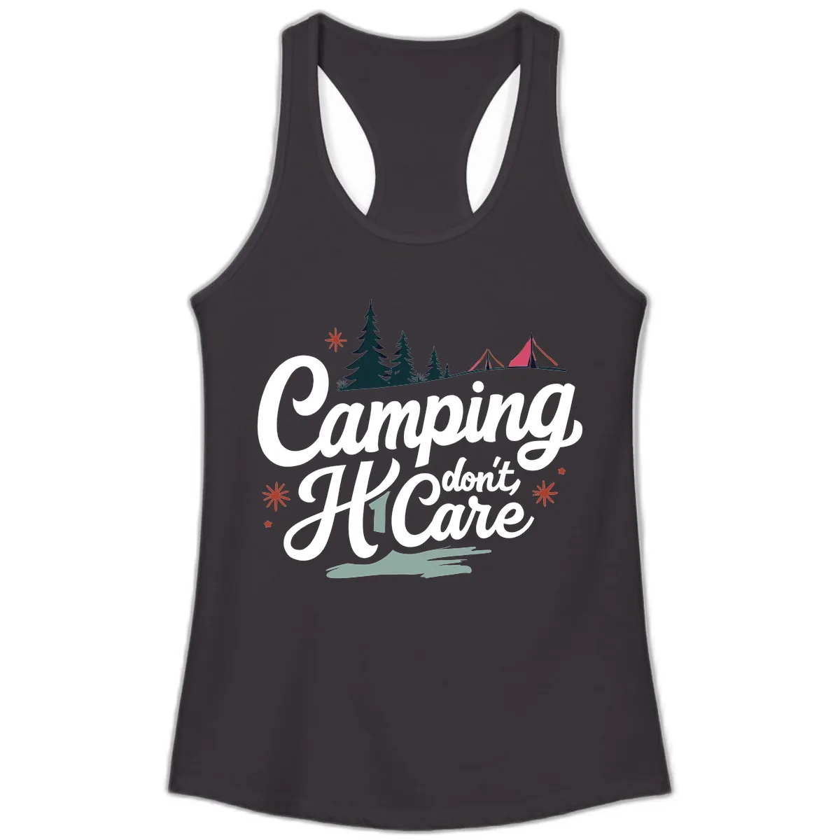 Camping I Don't Care Ladies Tank in Black