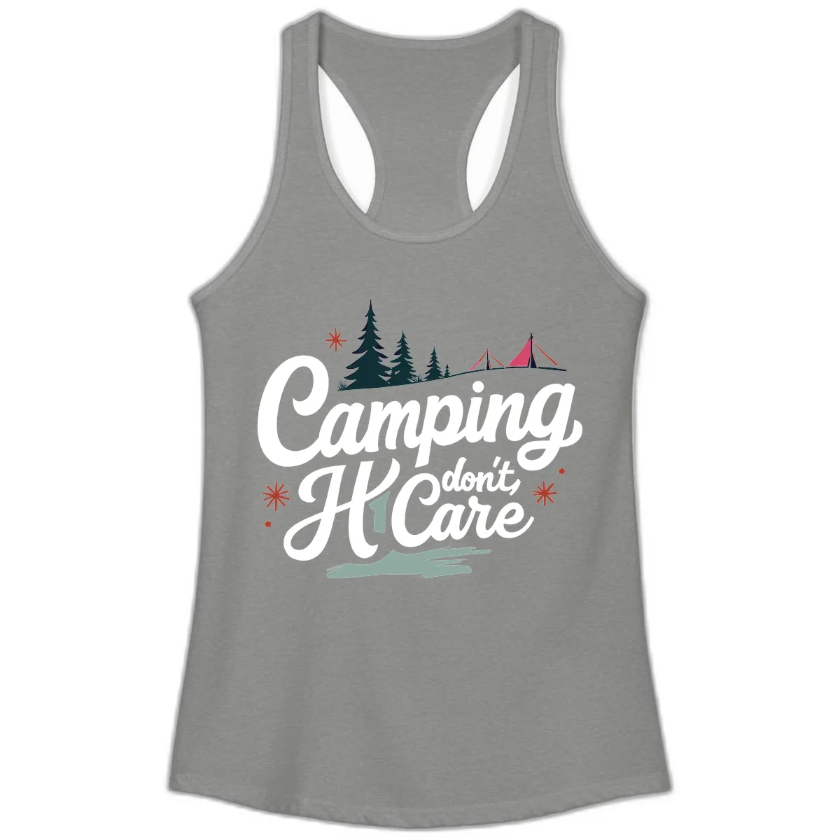 Camping I Don't Care Ladies Tank in Heather Grey