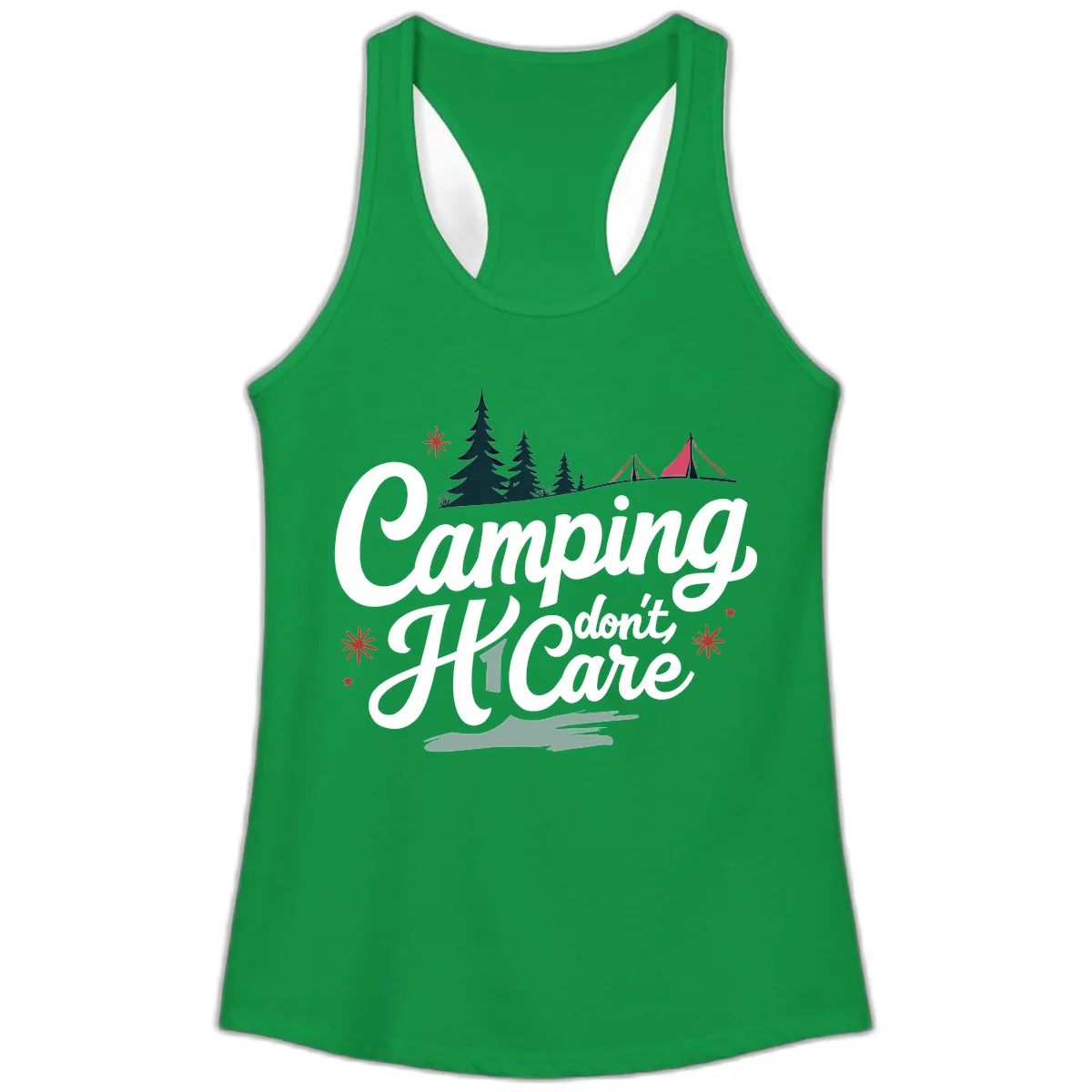 Camping I Don't Care Ladies Tank in Solid Kelly Green