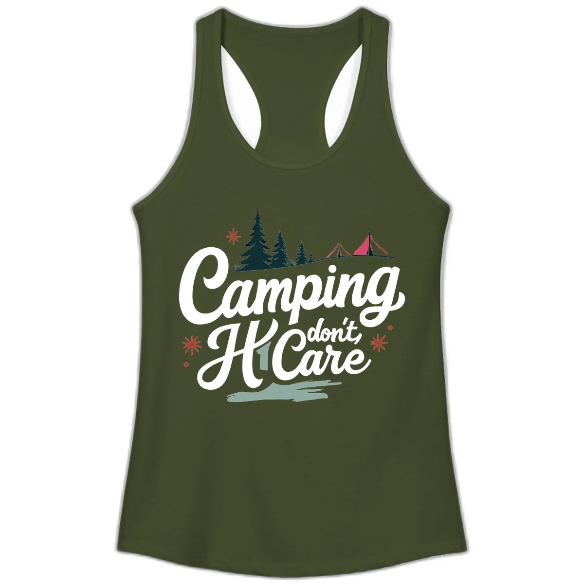 Camping I Don't Care Ladies Tank in Solid Military Green