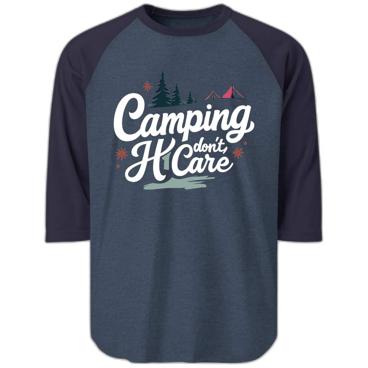 Camping I Don't Care Raglan 3/4 in Heather Denim Navy