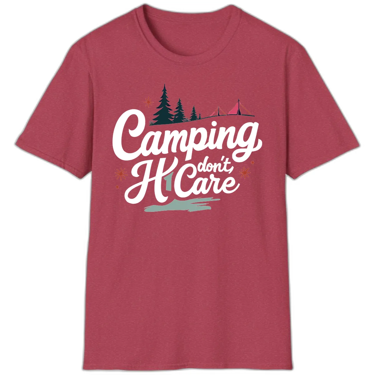 Camping I Don't Care T-Shirt in Heather Cardinal
