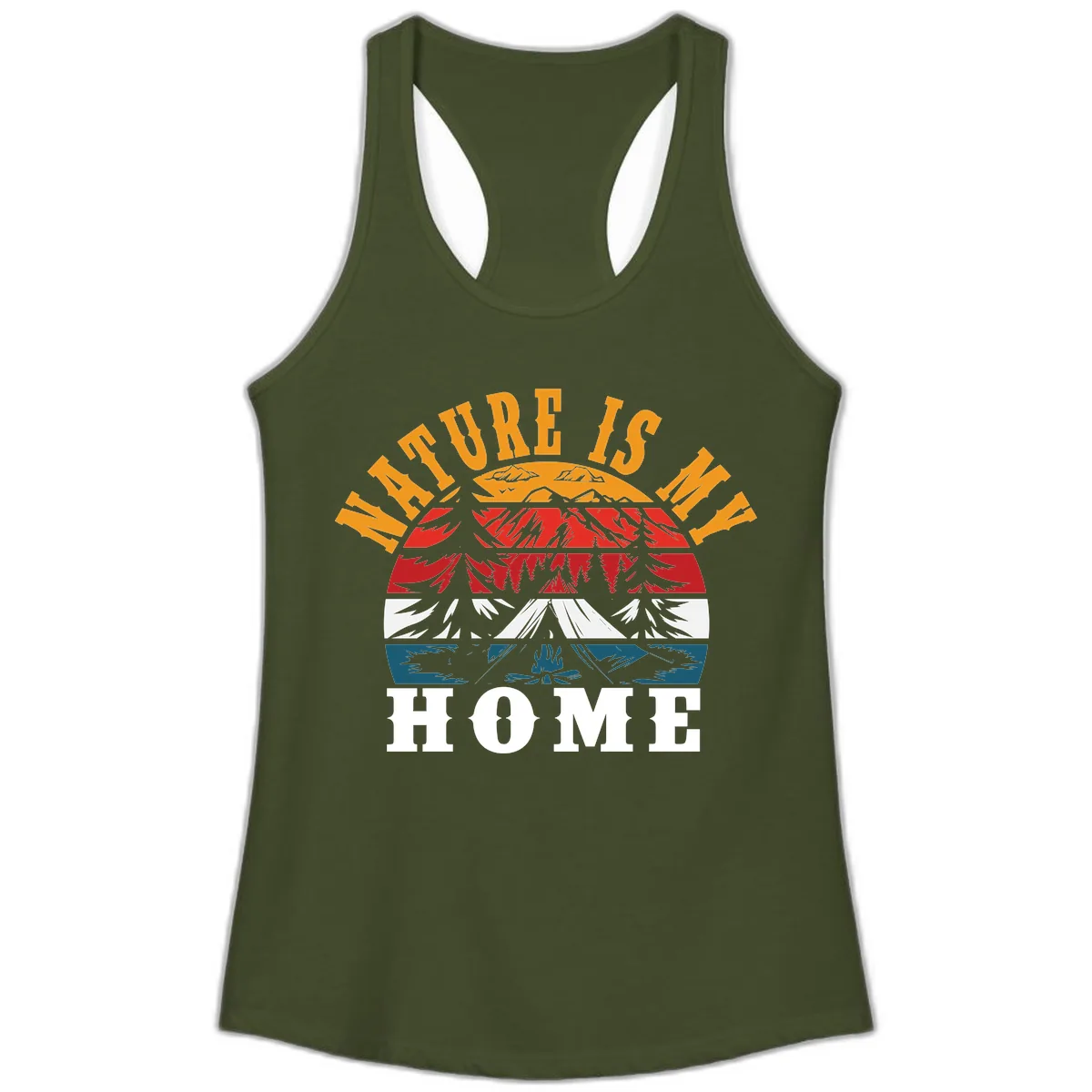 Nature Is Home Mountain Wilderness Ladies Tank in Solid Military Green