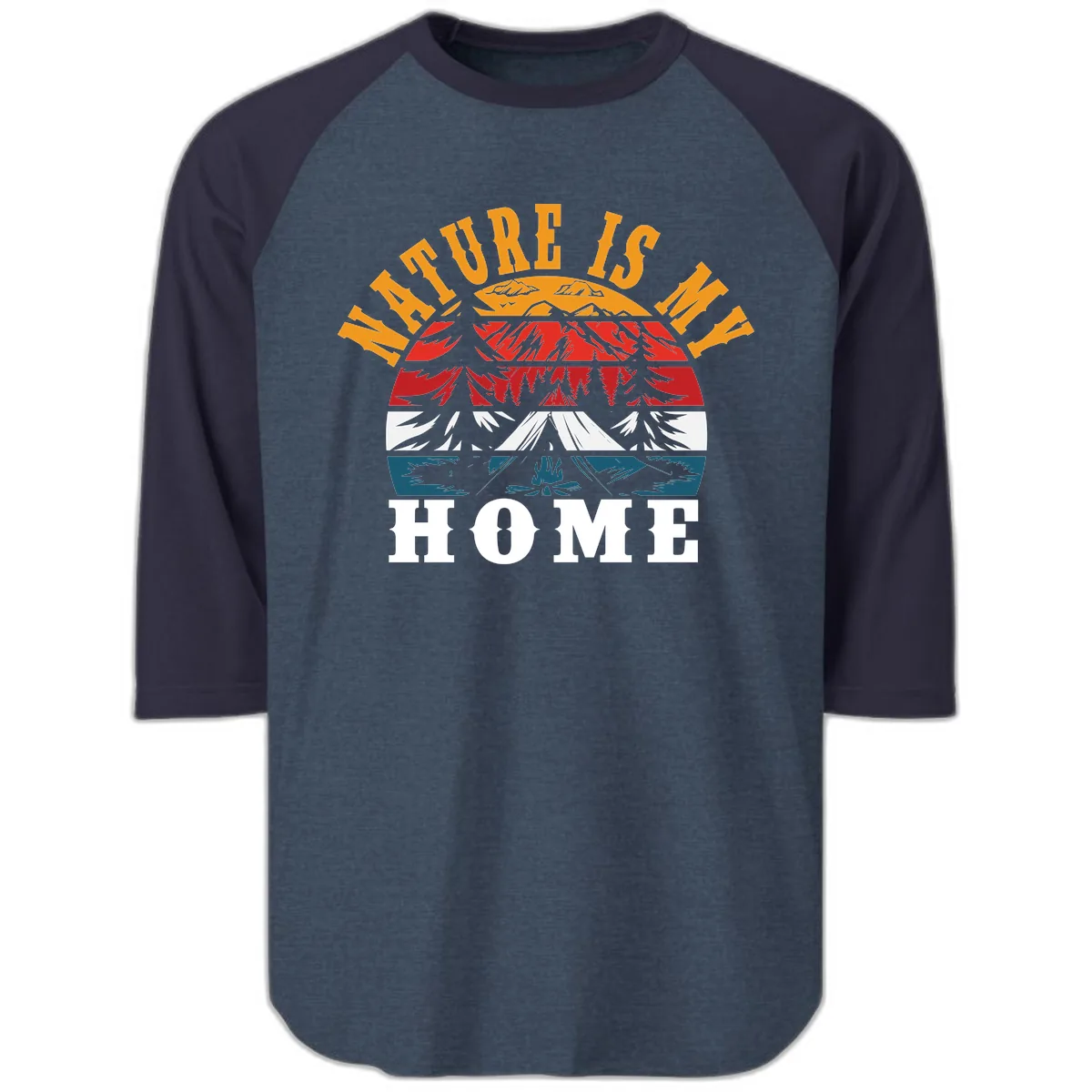 Nature Is Home Mountain Wilderness Raglan 3/4 in Heather Denim Navy