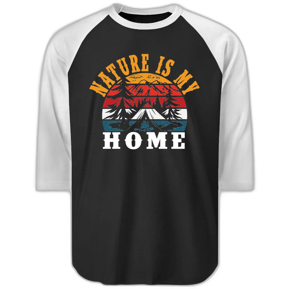 Nature Is Home Mountain Wilderness Raglan 3/4 in Black White