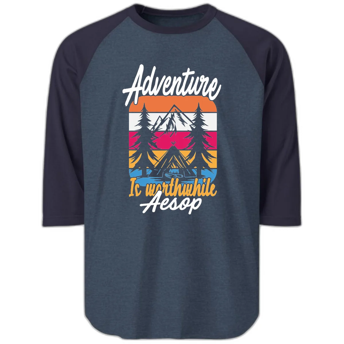 Adventure Is Worthwhile Aesop Raglan 3/4 in Heather Denim Navy