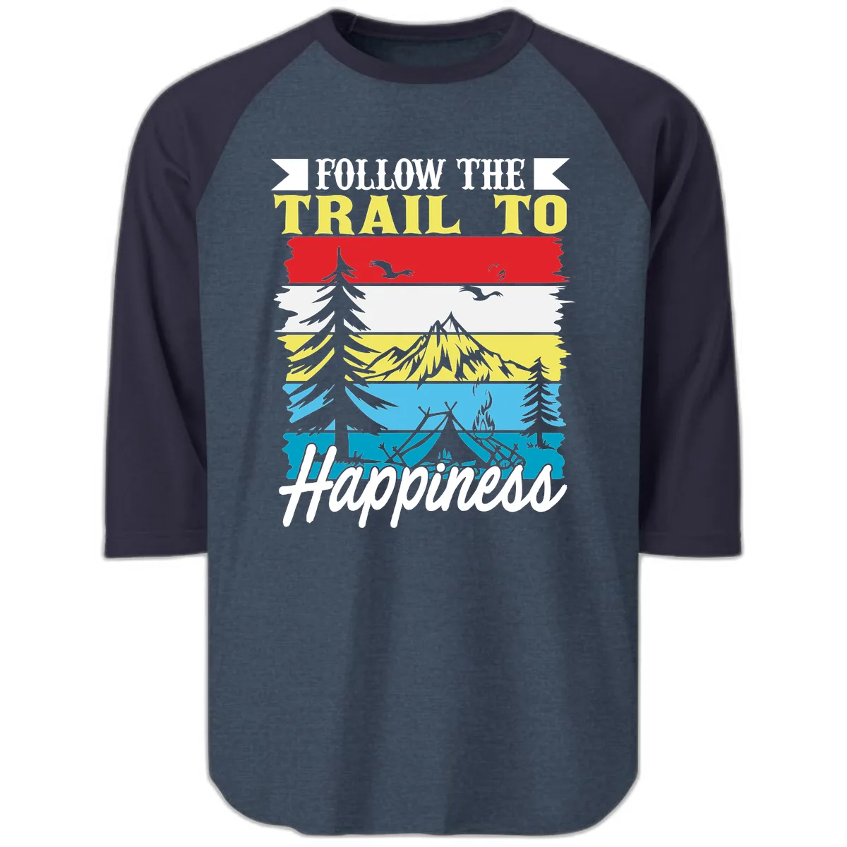 Follow The Trail To Happiness Raglan 3/4 in Heather Denim Navy