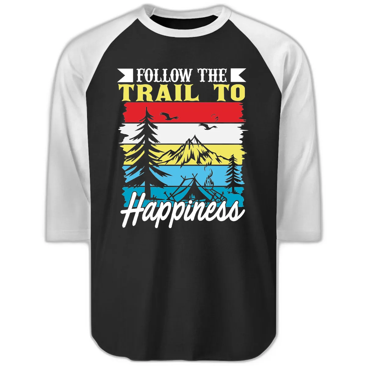 Follow The Trail To Happiness Raglan 3/4 in Black White