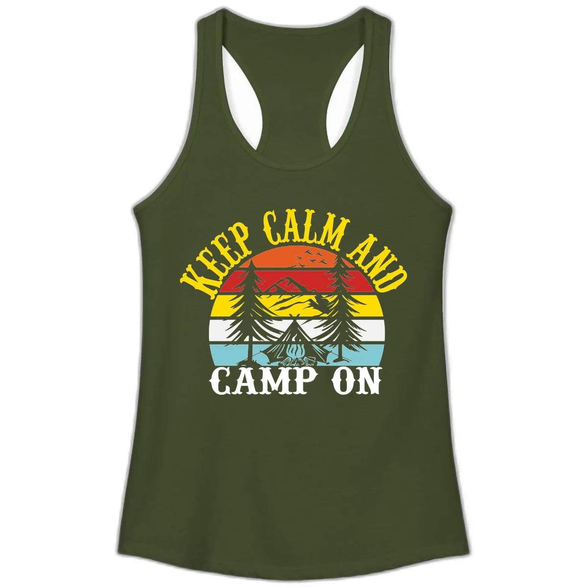 Keep Calm and Camp On Ladies Tank in Solid Military Green