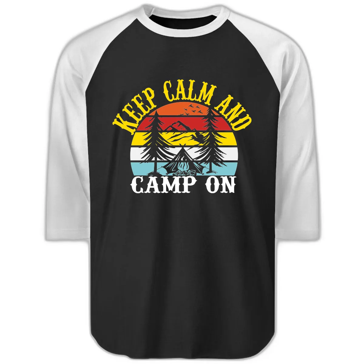 Keep Calm and Camp On Raglan 3/4 in Black White
