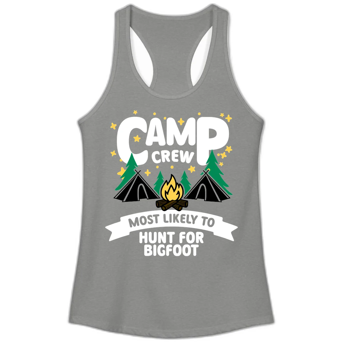 Camp Crew Most Likely To Hunt For Bigfoot Ladies Tank in Heather Grey