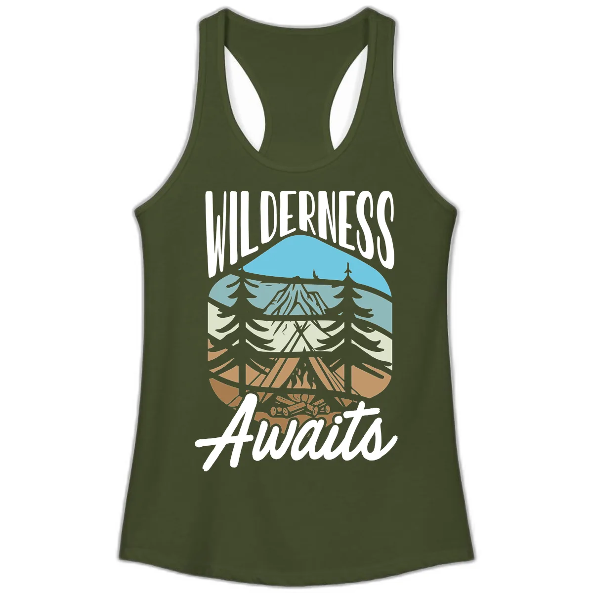 Wilderness Awaits Layered Nature Ladies Tank in Solid Military Green