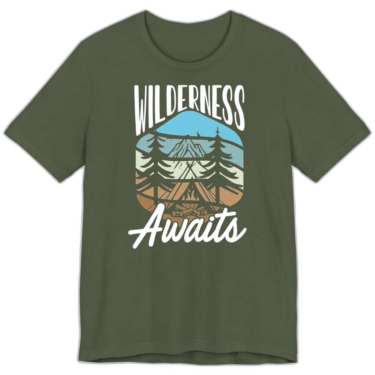 Wilderness Awaits Layered Nature Premium T-Shirt in Military Green