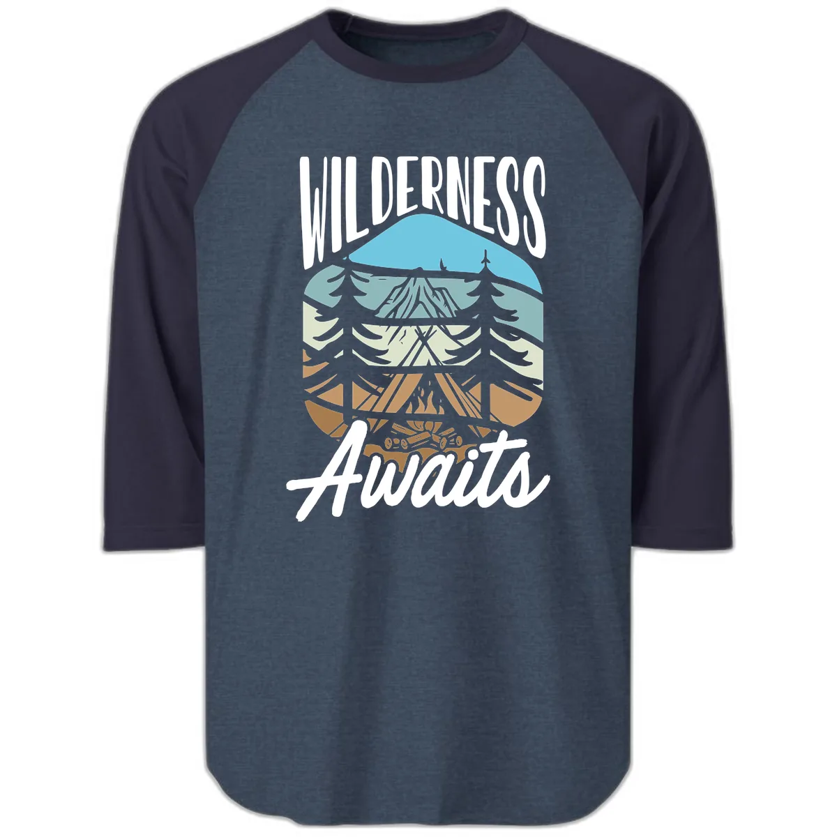 Wilderness Awaits Layered Nature Raglan 3/4 in Heather Denim Navy