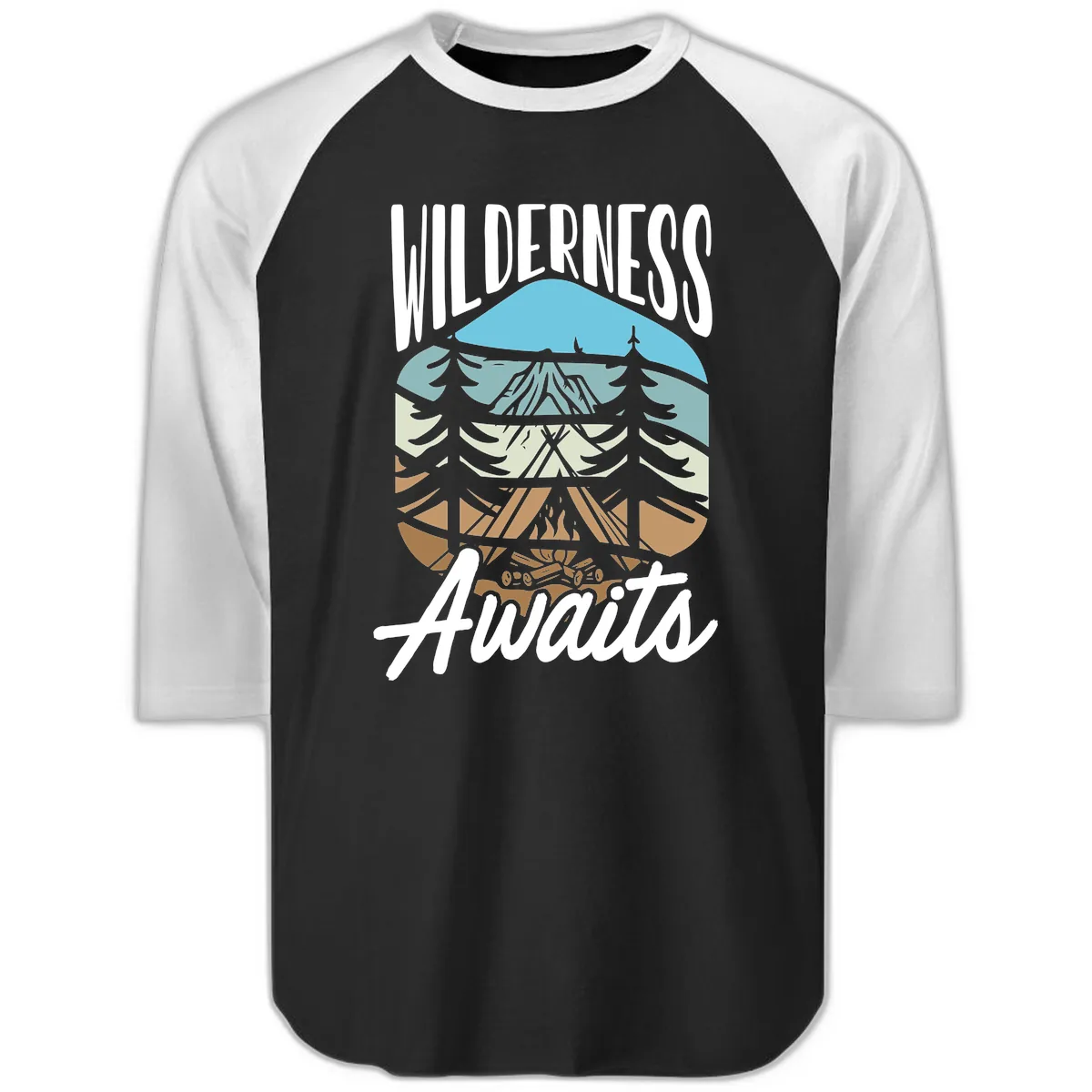 Wilderness Awaits Layered Nature Raglan 3/4 in Black White