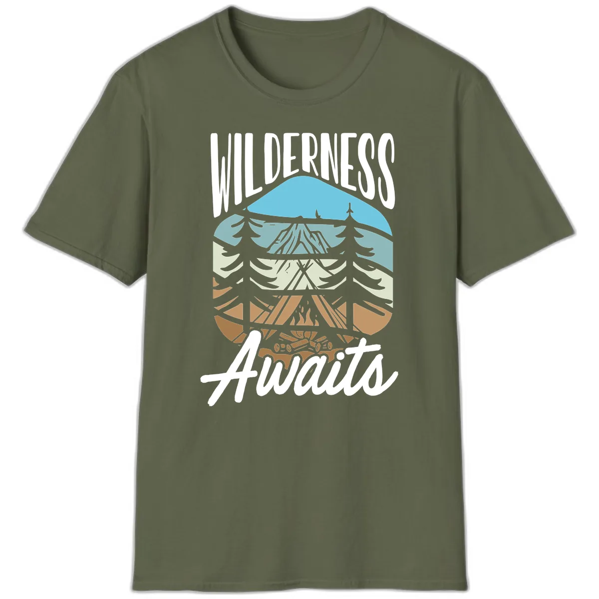 Wilderness Awaits Layered Nature T-Shirt in Military Green