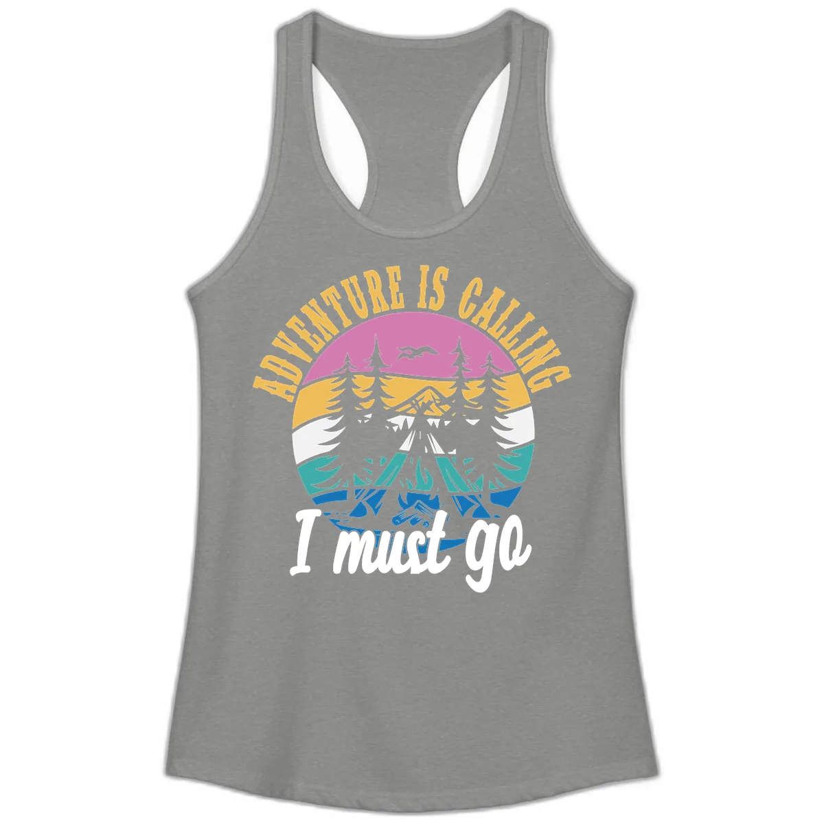 Adventure Is Calling I Must Go Ladies Tank in Heather Grey