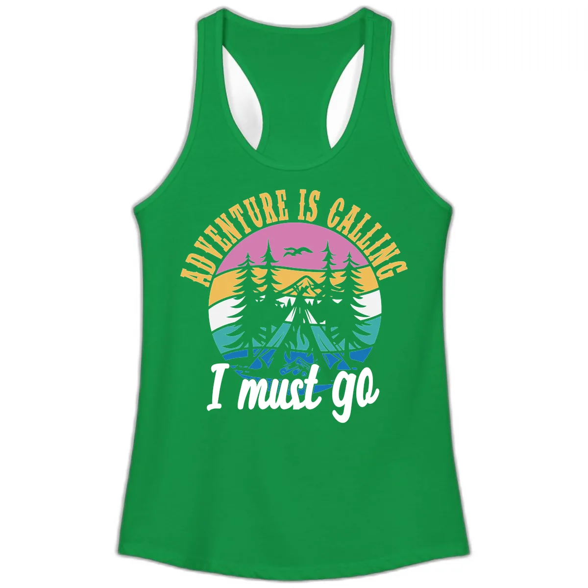 Adventure Is Calling I Must Go Ladies Tank in Solid Kelly Green