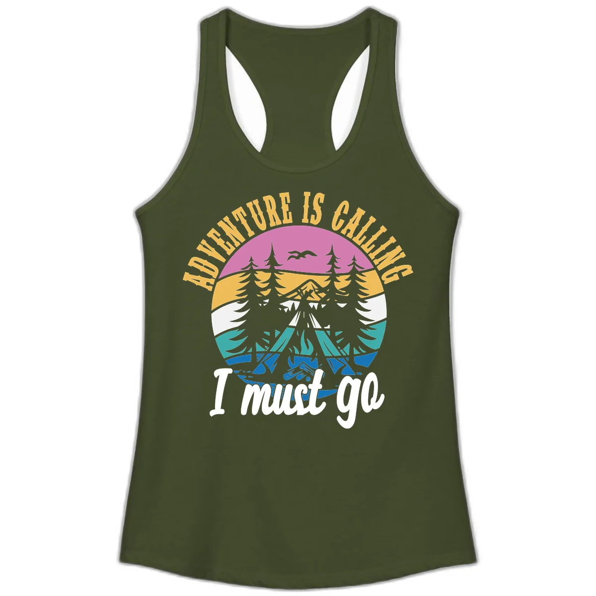 Adventure Is Calling I Must Go Ladies Tank in Solid Military Green
