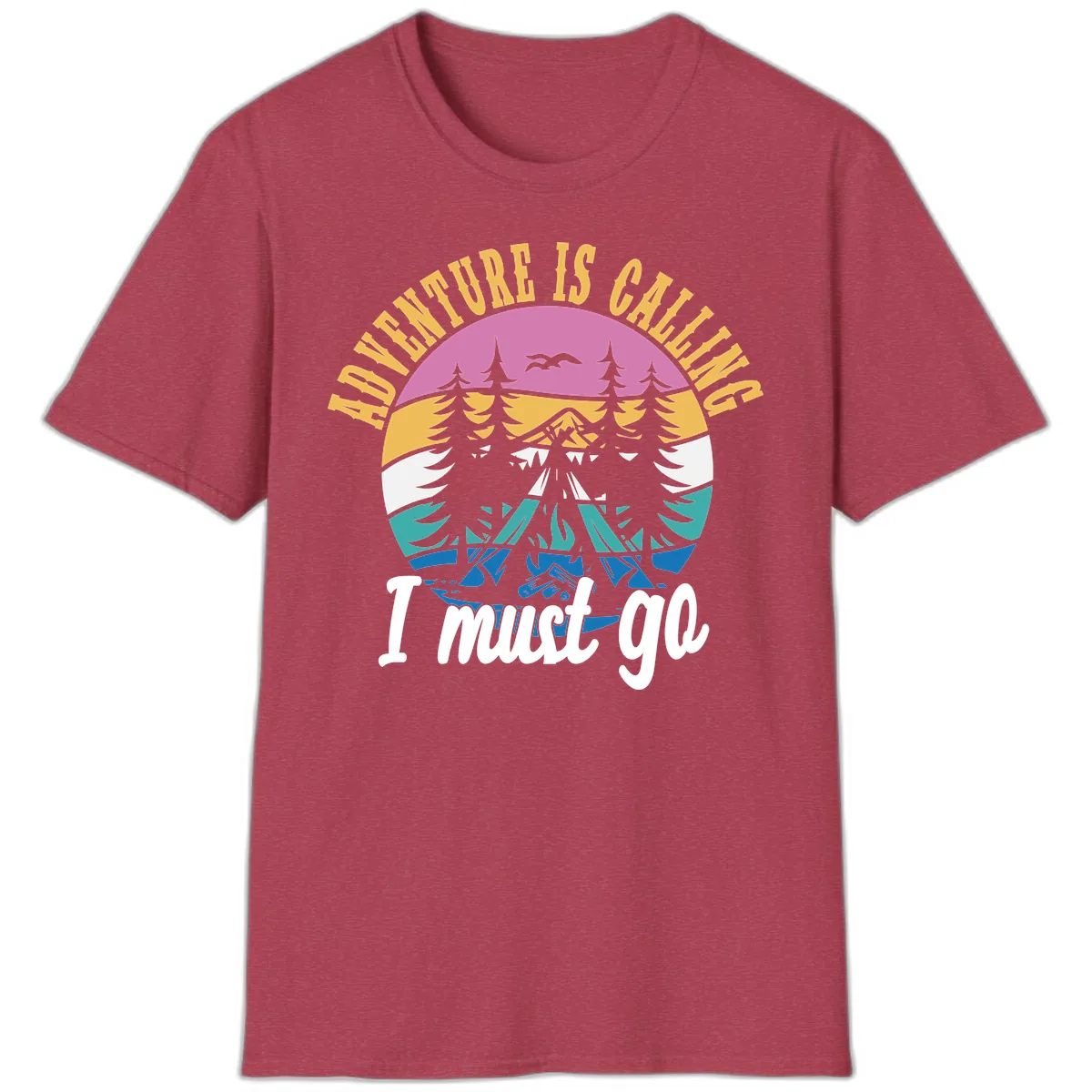 Adventure Is Calling I Must Go T-Shirt in Heather Cardinal