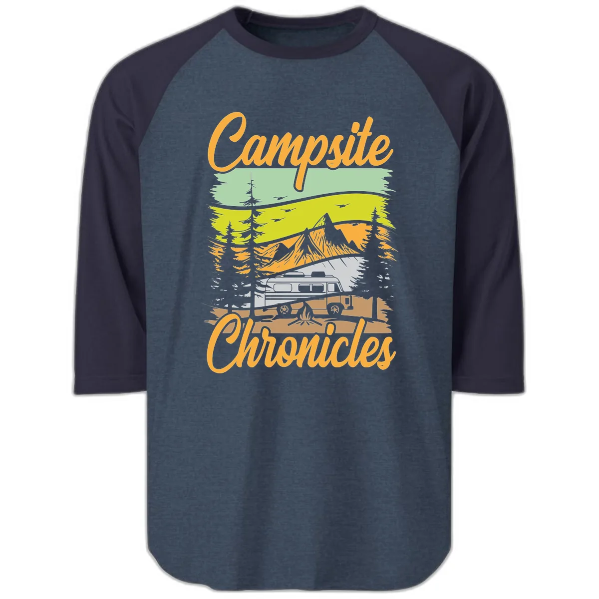 Campsite Chronicles Mountain Vista Raglan 3/4 in Heather Denim Navy