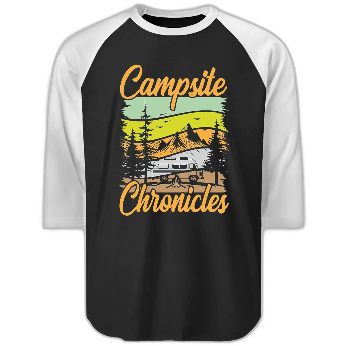 Campsite Chronicles Mountain Vista Raglan 3/4 in Black White