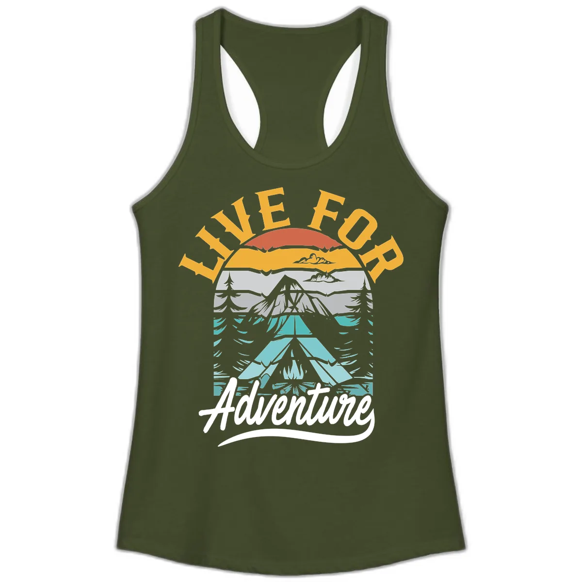 Live For Adventure Mountain Landscape Ladies Tank in Solid Military Green