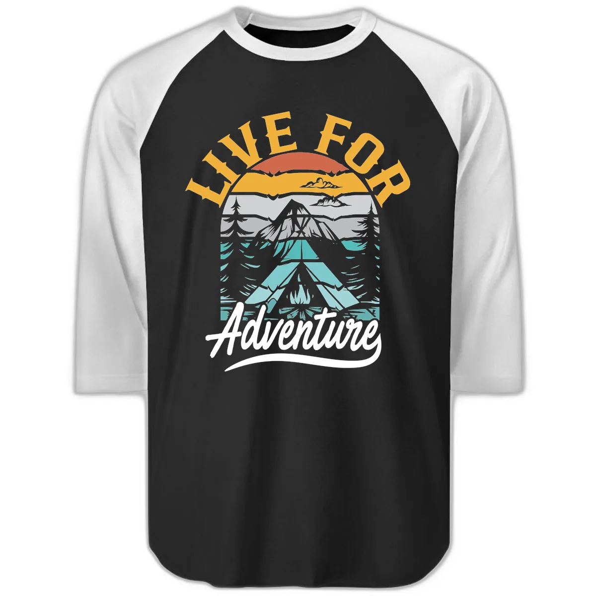 Live For Adventure Mountain Landscape Raglan 3/4 in Black White