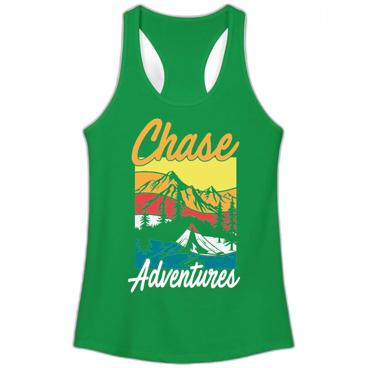 Chase Adventures Mountain Landscape Ladies Tank in Solid Kelly Green