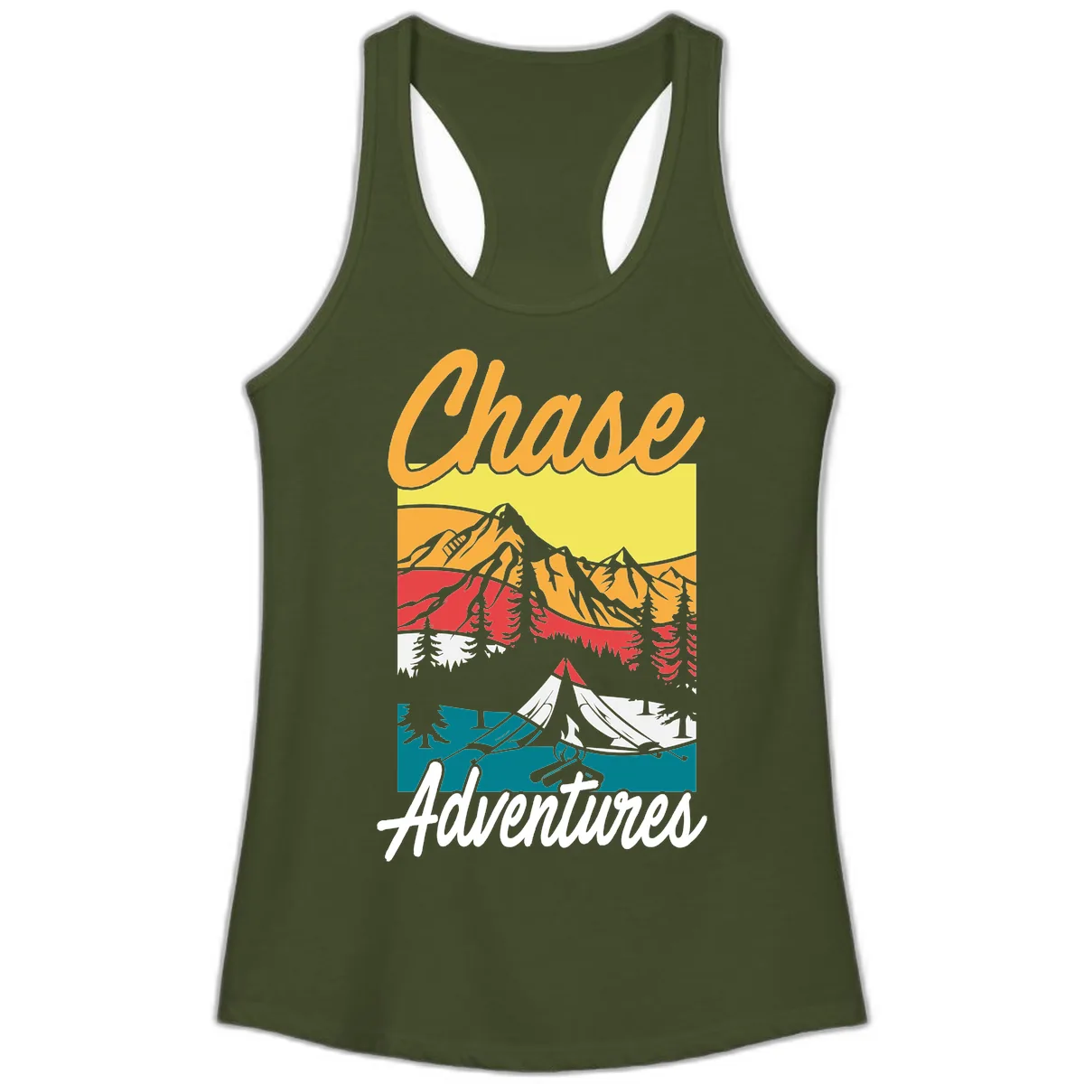 Chase Adventures Mountain Landscape Ladies Tank in Solid Military Green