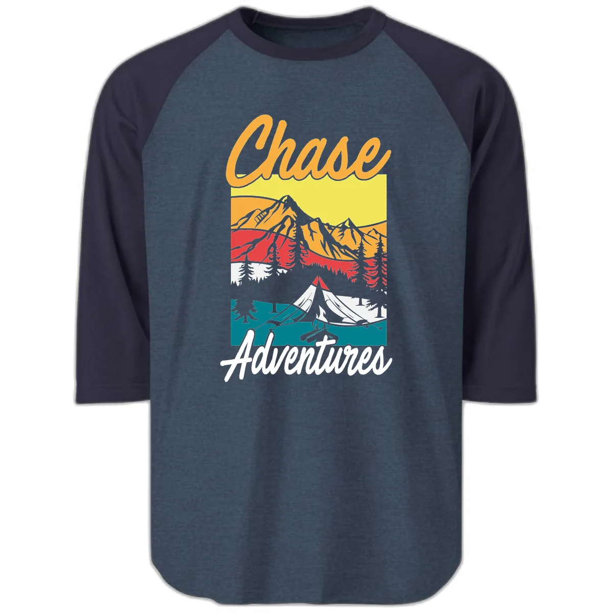 Chase Adventures Mountain Landscape Raglan 3/4 in Heather Denim Navy
