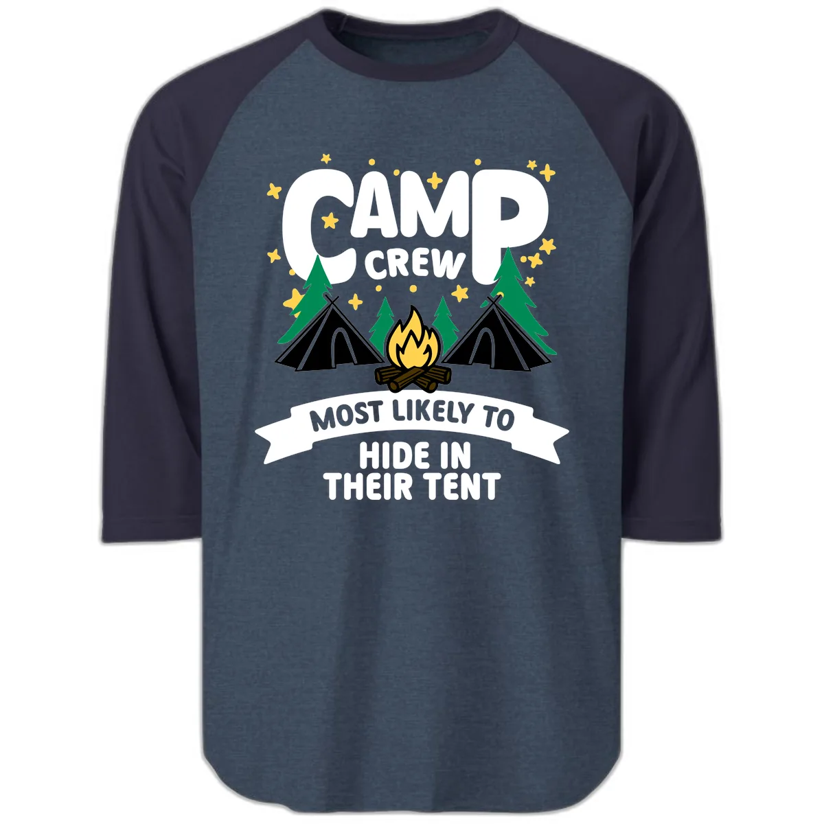 Camp Crew Most Likely To Hide In Tent Raglan 3/4 in Heather Denim Navy