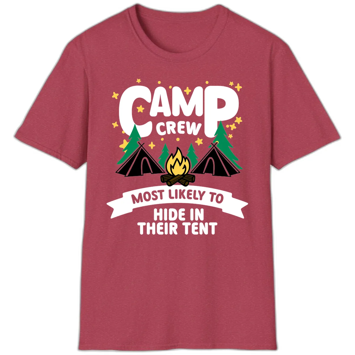 Camp Crew Most Likely To Hide In Tent T-Shirt in Heather Cardinal