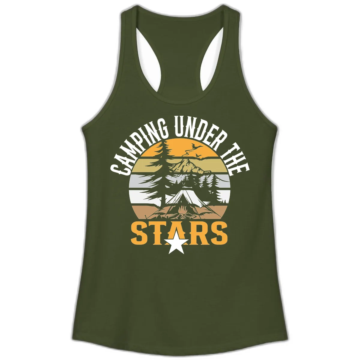 Camping Under The Stars Badge Ladies Tank in Solid Military Green