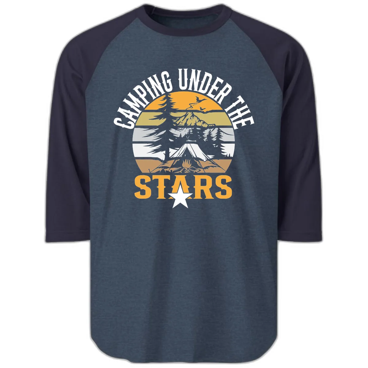 Camping Under The Stars Badge Raglan 3/4 in Heather Denim Navy
