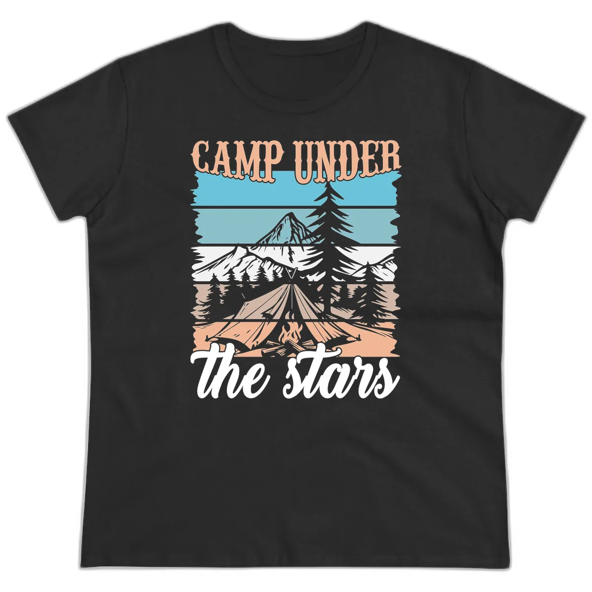 Camp Under The Stars Layered Scene Ladies Tee in Black