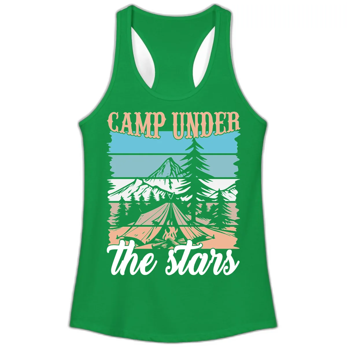 Camp Under The Stars Layered Scene Ladies Tank in Solid Kelly Green