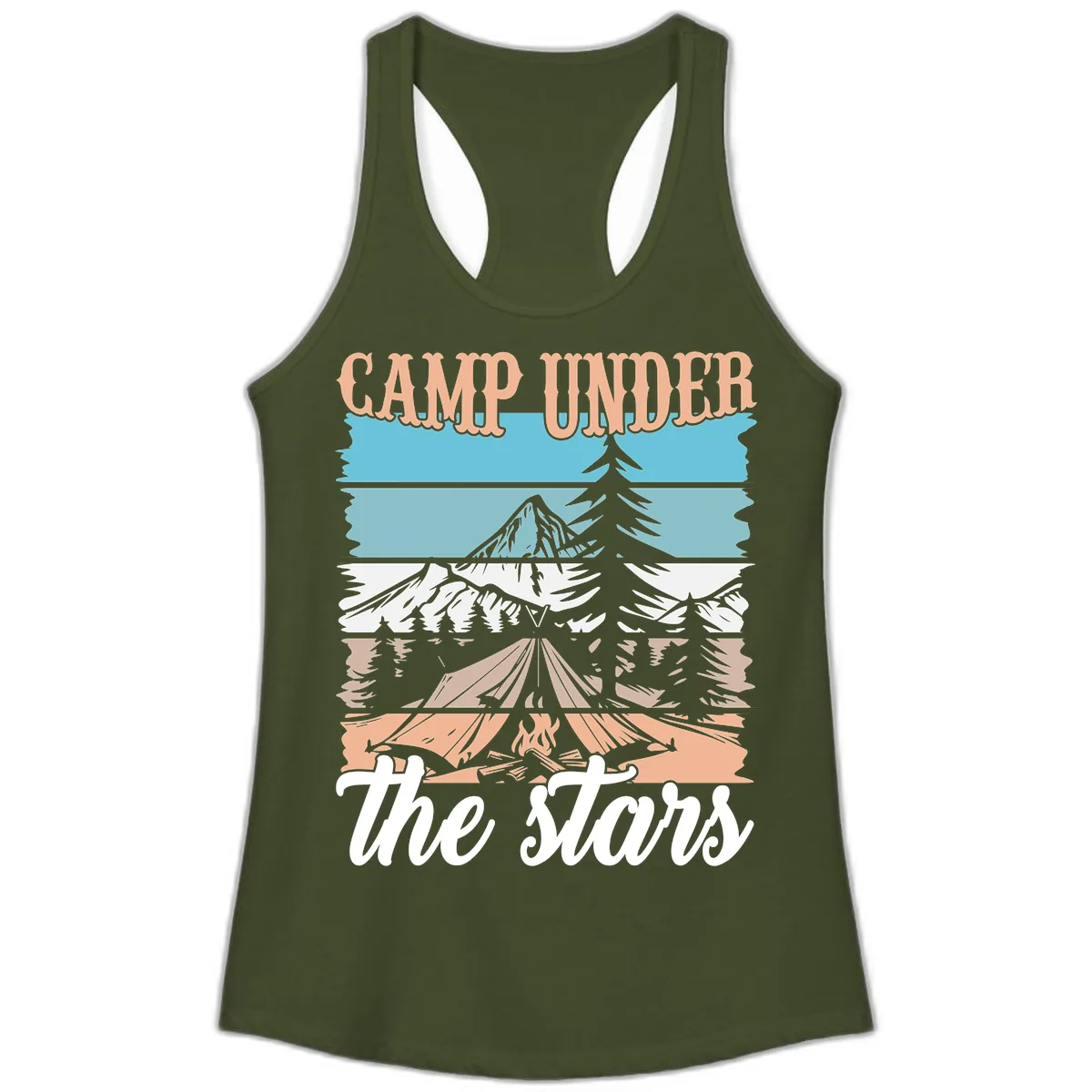 Camp Under The Stars Layered Scene Ladies Tank in Solid Military Green