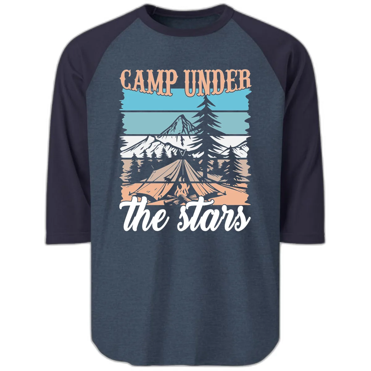 Camp Under The Stars Layered Scene Raglan 3/4 in Heather Denim Navy