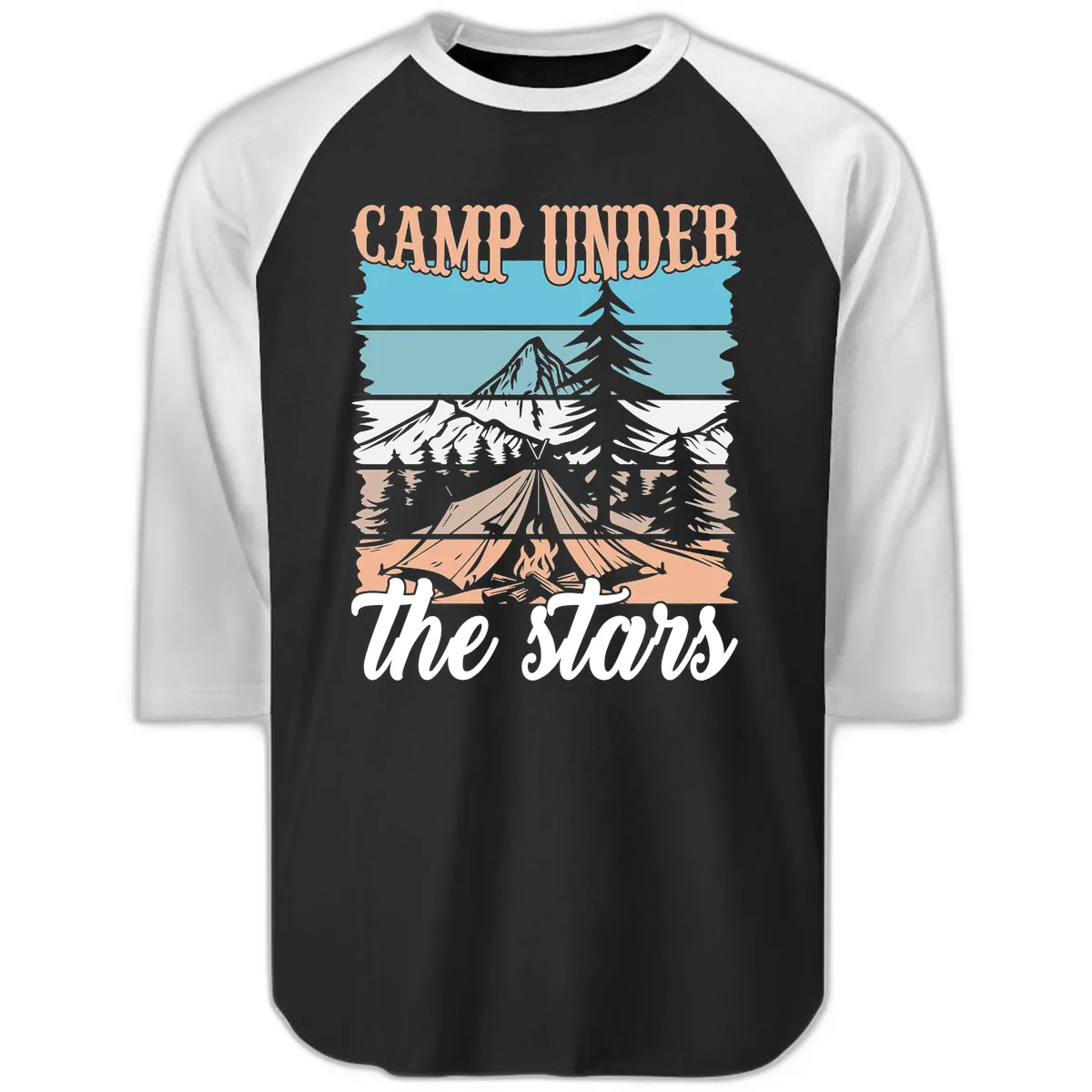 Camp Under The Stars Layered Scene Raglan 3/4 in Black White
