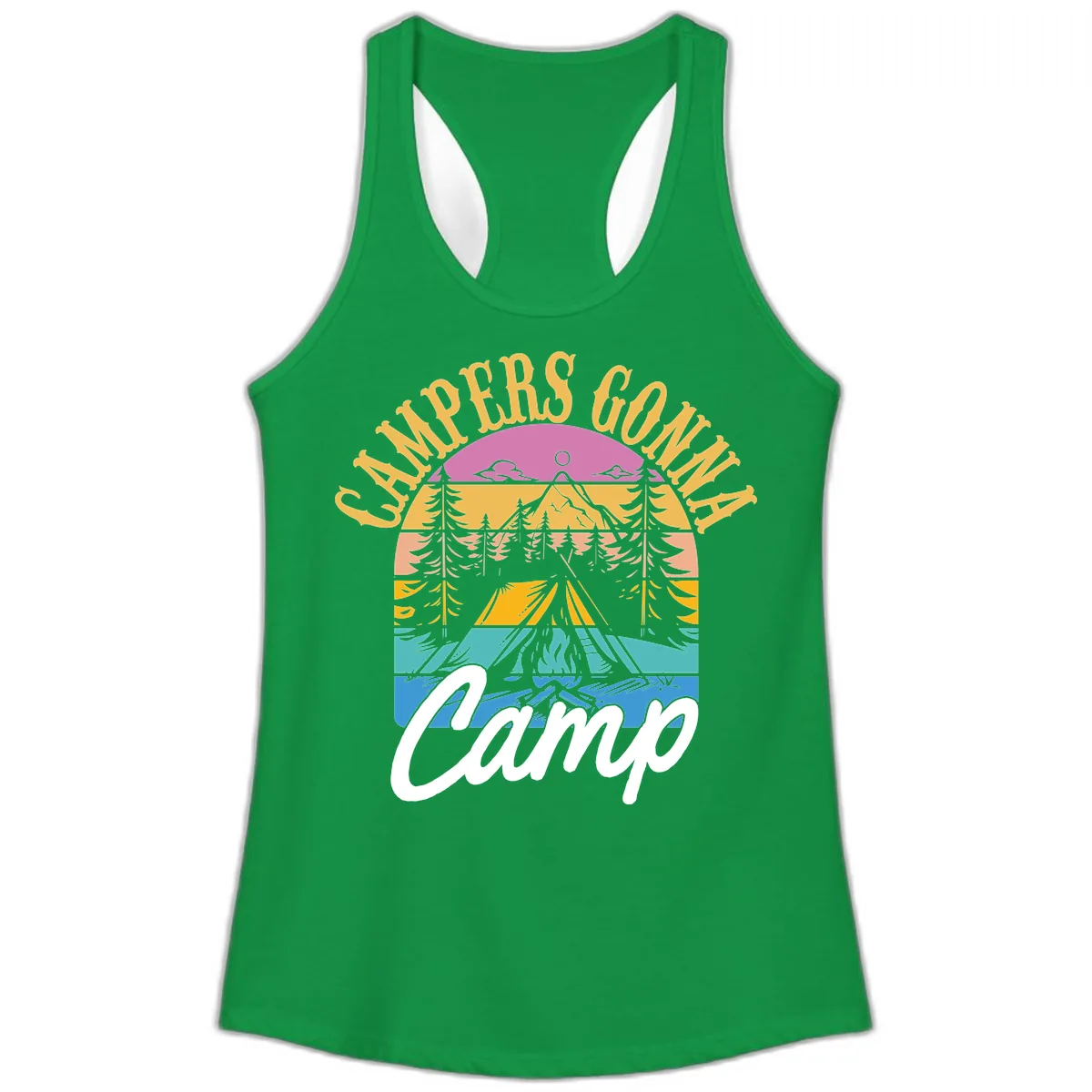 Campers Going Retro Sunset Ladies Tank in Solid Kelly Green