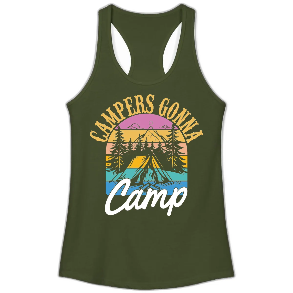 Campers Going Retro Sunset Ladies Tank in Solid Military Green